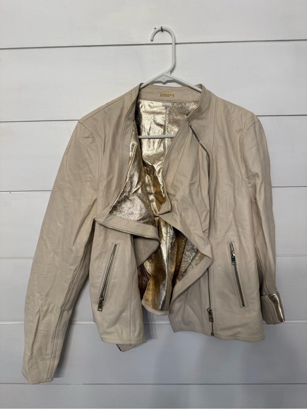 Lamarque Cream Leather Jacket with Metallic Gold Interior